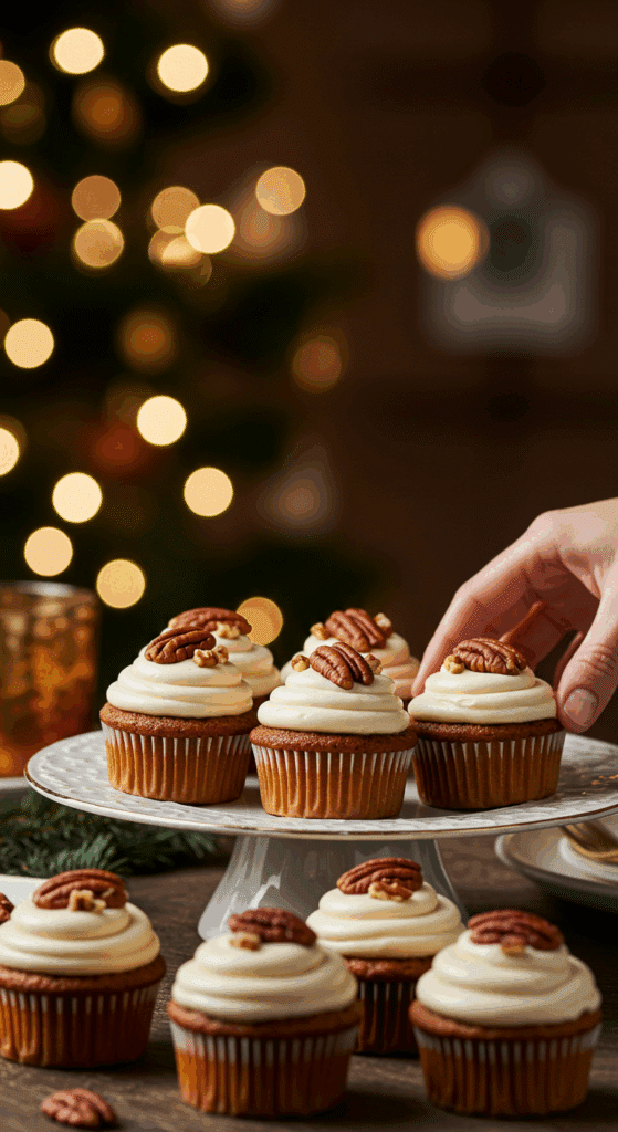 A beautiful platter of homemade Pecan Pie Cupcakes being served at a festive holiday party.