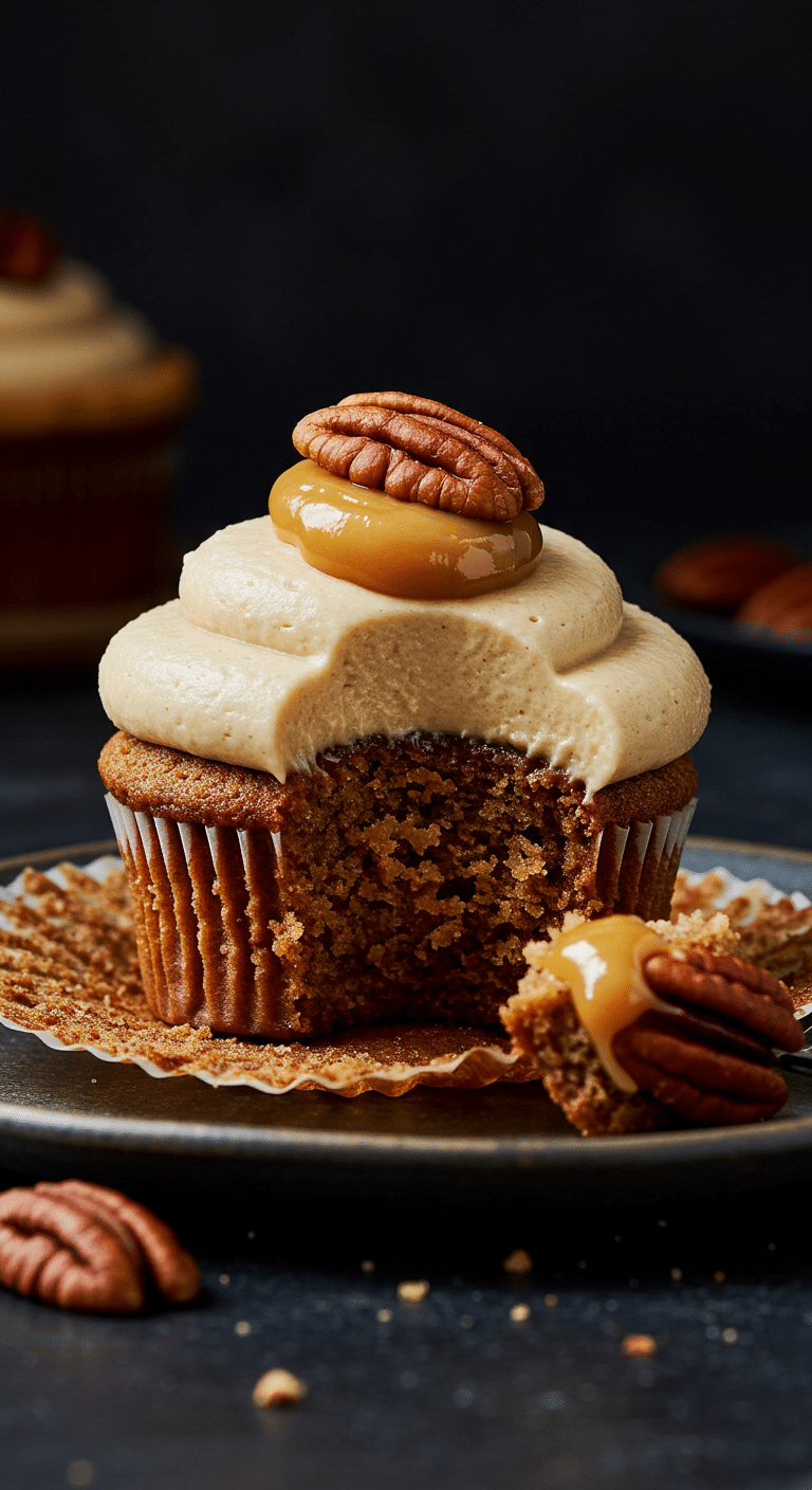 A beautiful, gourmet, homemade Pecan Pie Cupcake with a swirl of brown-butter frosting and a pecan on top.