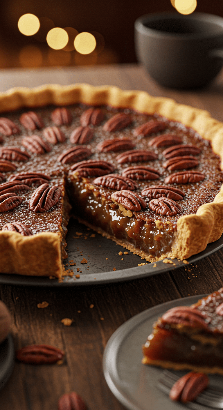A beautiful, glossy, homemade Brown Butter Pecan Pie with a flaky crust and a perfect slice removed to show the gooey, amber filling.