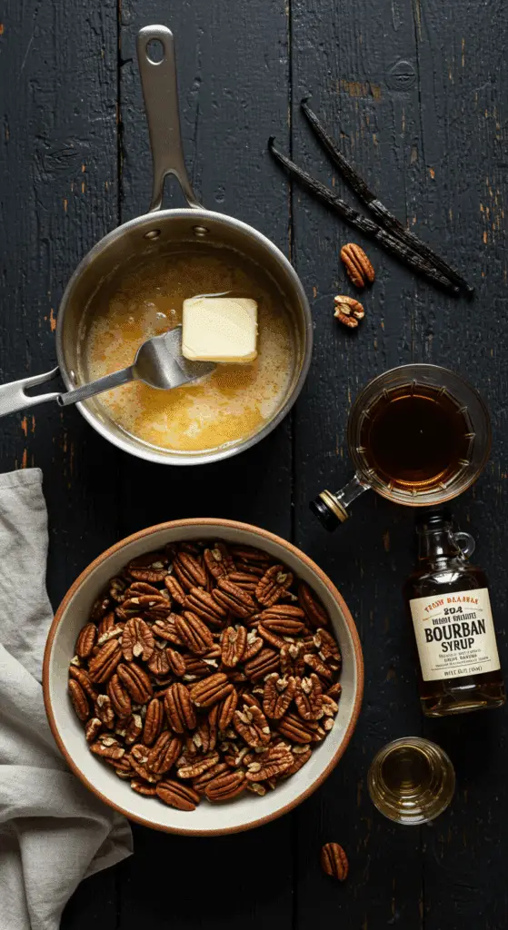 The sophisticated, from-scratch ingredients for the gourmet Brown Butter Pecan Pie recipe.