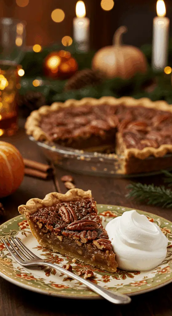 A perfect slice of homemade Brown Butter Pecan Pie with a dollop of whipped cream being served for a holiday dessert.