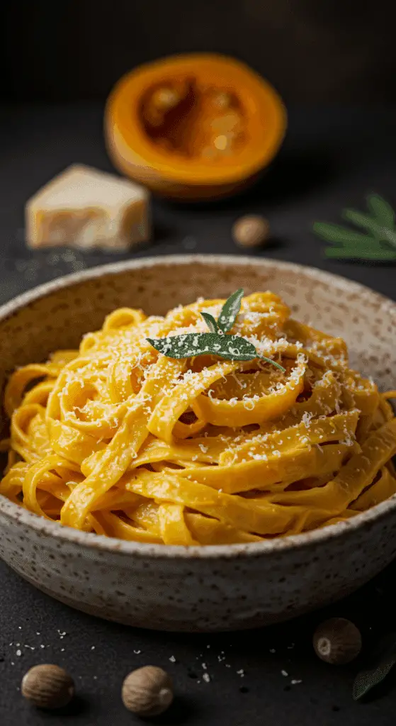 A beautiful, rustic bowl of homemade, creamy Butternut Squash Alfredo pasta, garnished with Parmesan and nutmeg.