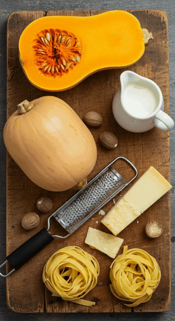 The fresh, wholesome ingredients for the hearty, from-scratch Butternut Squash Alfredo pasta sauce recipe.