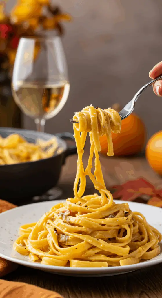 A beautiful plate of homemade, creamy Butternut Squash Alfredo pasta being enjoyed for a cozy dinner.