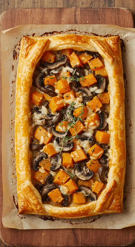 A beautiful, golden-brown, homemade rectangular Butternut Squash and Mushroom Tart with flaky, puffed-up pastry edges.