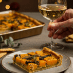 An elegant slice of homemade Butternut Squash and Mushroom Tart being served as an appetizer at a dinner party.