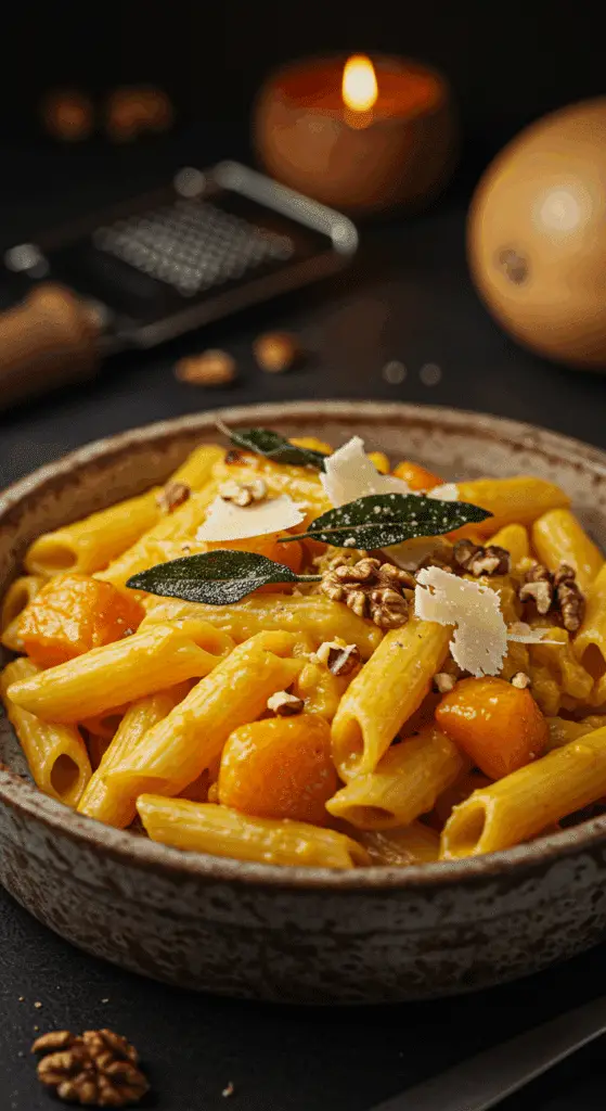 A beautiful, rustic bowl of homemade, creamy Butternut Squash Pastasotto, garnished with crispy fried sage.