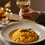 A beautiful bowl of homemade, creamy Butternut Squash Pastasotto being served at a sophisticated fall dinner party.