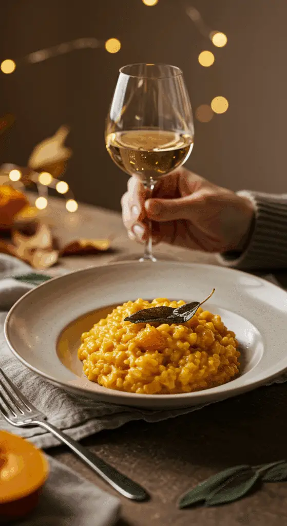 A beautiful bowl of homemade, creamy Butternut Squash Pastasotto being served at a sophisticated fall dinner party.