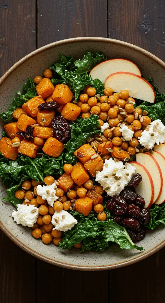 A beautiful, large bowl of homemade, hearty Kale and Butternut Squash Salad with roasted squash, apples, and goat cheese.