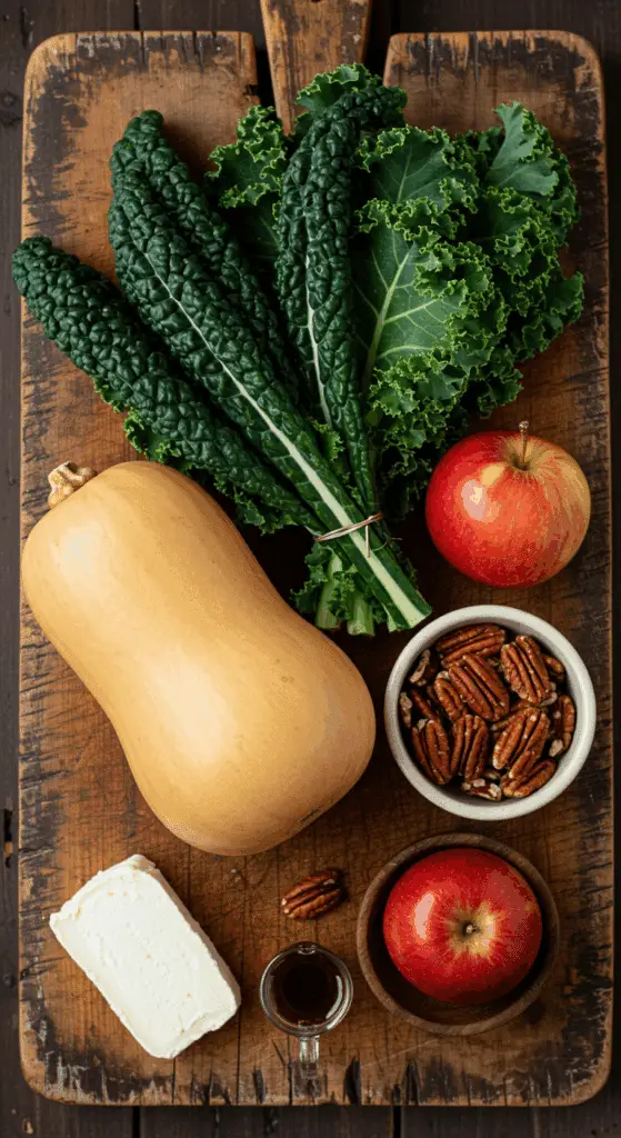 The fresh, wholesome ingredients for the hearty, from-scratch Kale and Butternut Squash Salad recipe.