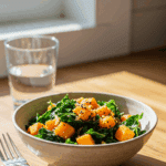 A beautiful and healthy bowl of homemade Kale and Butternut Squash Salad being served for lunch.