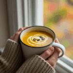 A person in a cozy sweater warming their hands around a steaming mug of Butternut Squash Soup.