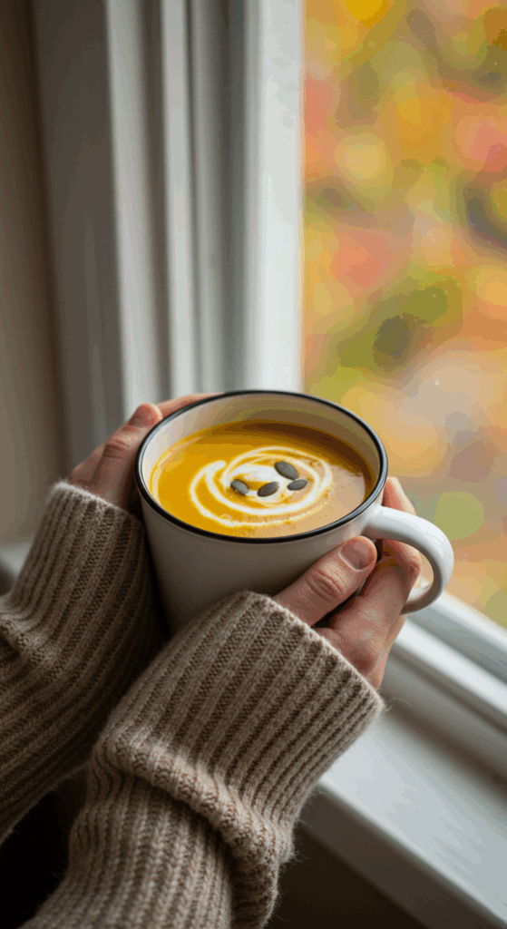 A person in a cozy sweater warming their hands around a steaming mug of Butternut Squash Soup.