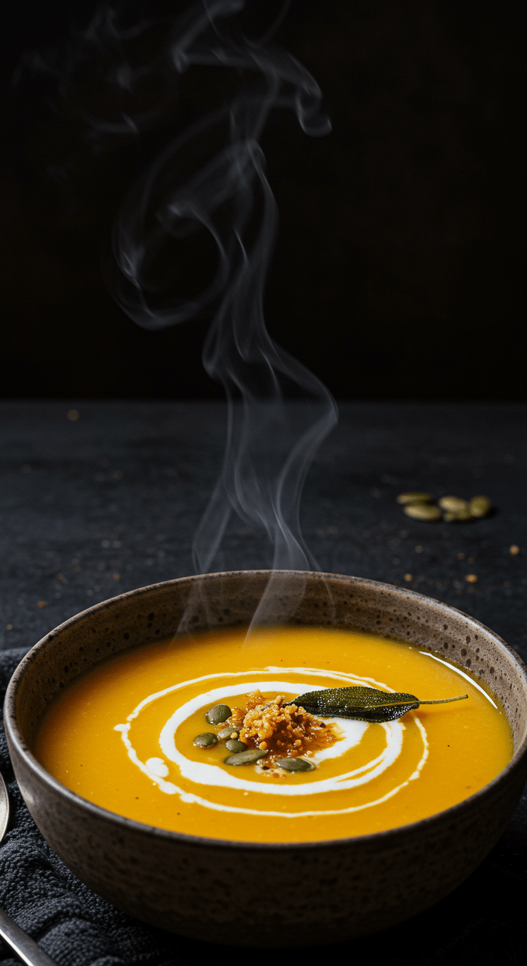 A beautiful, rustic bowl of creamy, homemade Butternut Squash Soup with a cream swirl and toasted seeds.