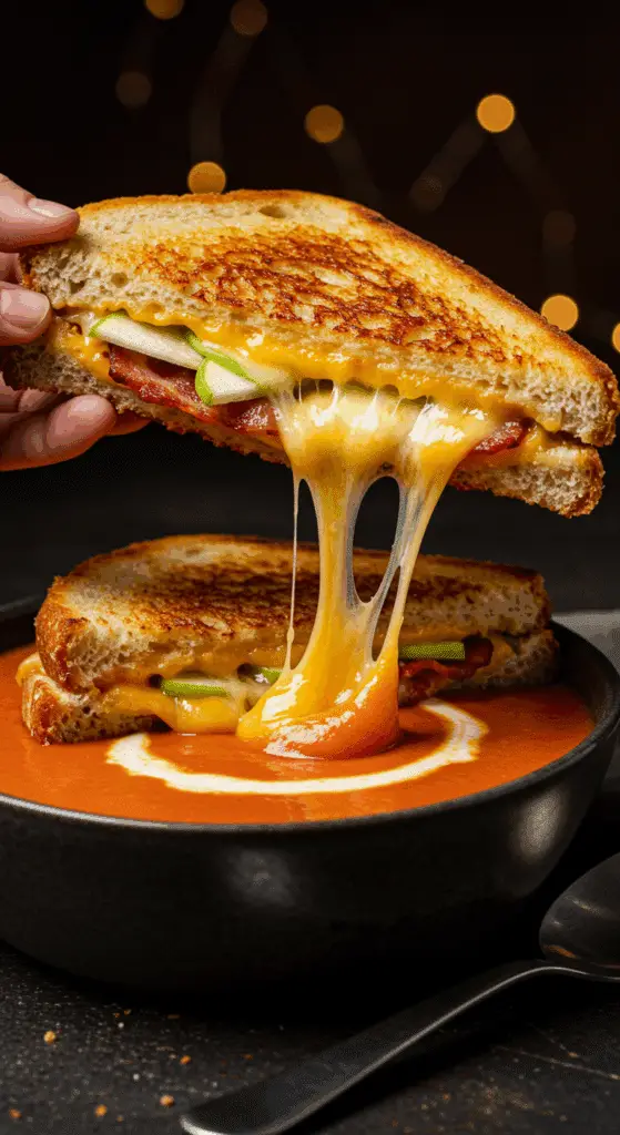 A beautiful, golden-brown Apple Bacon Cheddar Grilled Cheese being dipped into a rustic bowl of creamy, Roasted Tomato Soup.