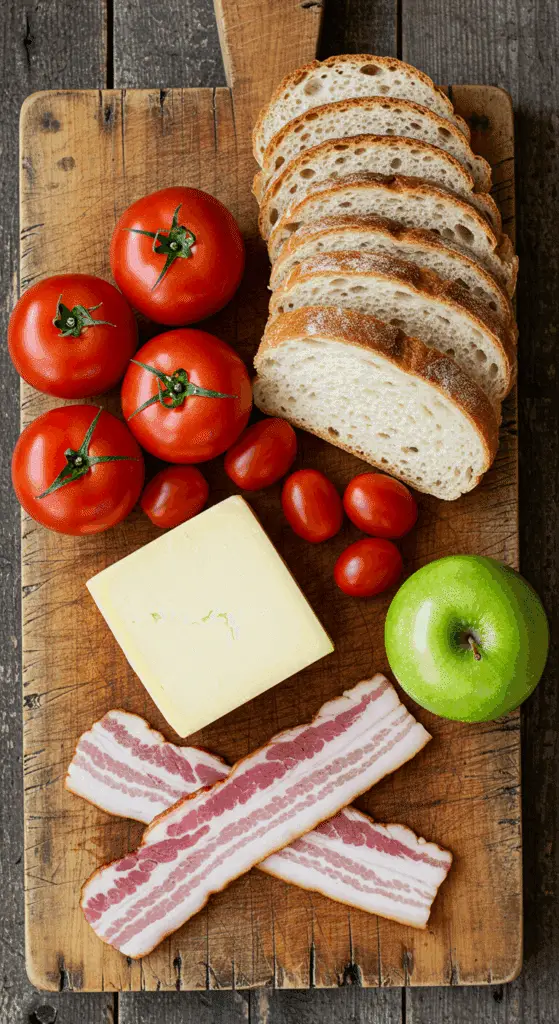 The fresh, from-scratch ingredients for the classic Apple Bacon Grilled Cheese and Roasted Tomato Soup.