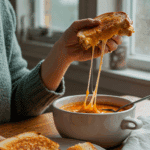 A person happily eating a homemade Apple Bacon Grilled Cheese and a bowl of Roasted Tomato Soup on a cozy, rainy day.