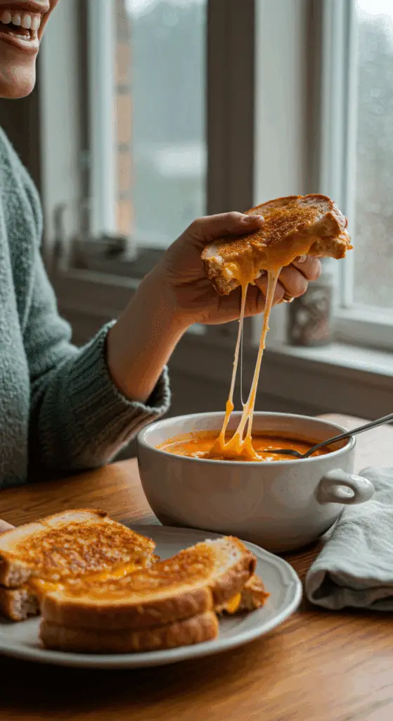 A person happily eating a homemade Apple Bacon Grilled Cheese and a bowl of Roasted Tomato Soup on a cozy, rainy day.