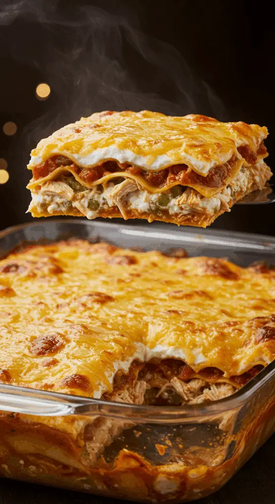 A beautiful, golden-brown homemade Chicken Enchilada Casserole in a baking dish with a perfect, cheesy and layered slice removed.
