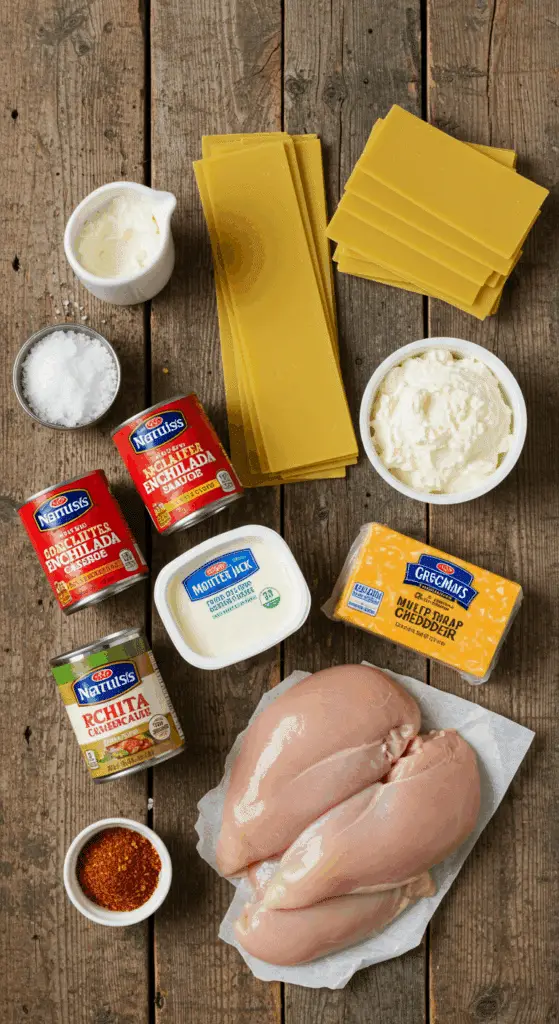 The simple, from-scratch ingredients for the easy and cheesy Chicken Enchilada Casserole recipe.