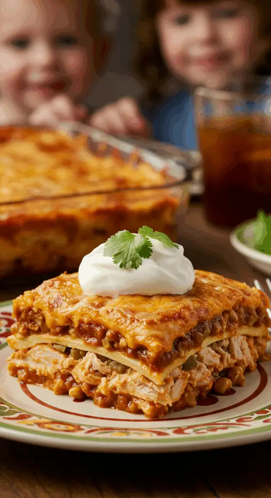 A perfect, layered slice of homemade Chicken Enchilada Casserole topped with sour cream, being served for a family dinner.