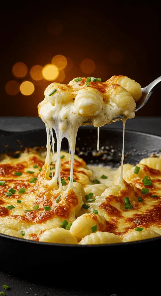 A beautiful, rustic cast-iron skillet of homemade, Cheesy Gnocchi with a golden-brown, bubbly Gruyère cheese crust.