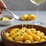 A cozy bowl of homemade, cheesy and creamy Skillet Gnocchi being served for an elegant dinner.