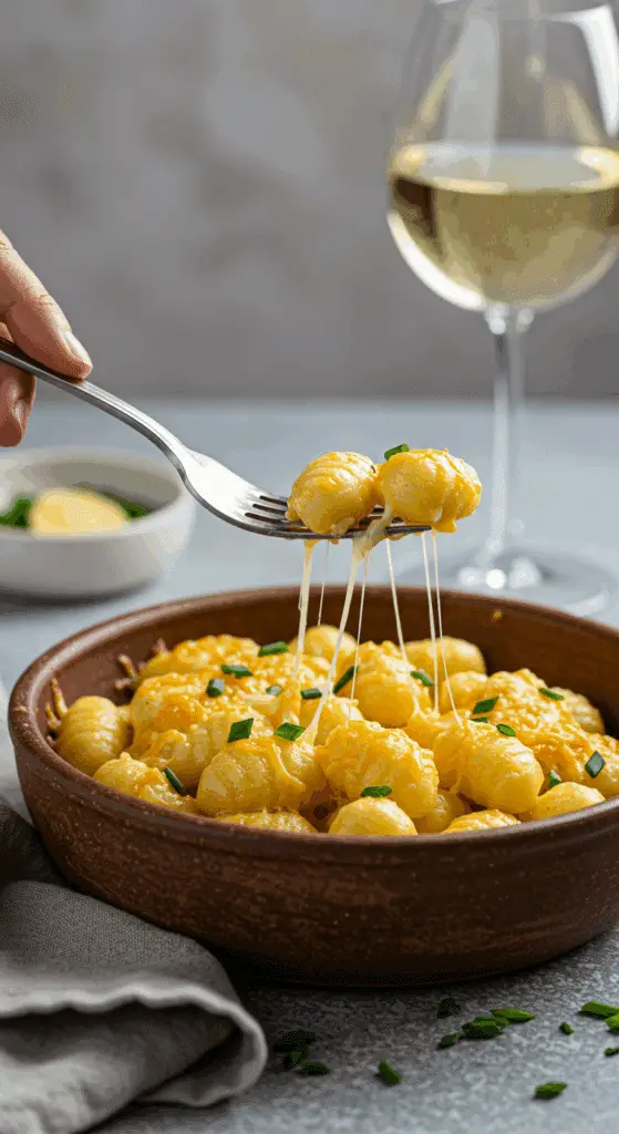 A cozy bowl of homemade, cheesy and creamy Skillet Gnocchi being served for an elegant dinner.