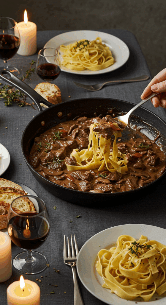 Serving the classic Beef Stroganoff at an elegant, cozy dinner party.