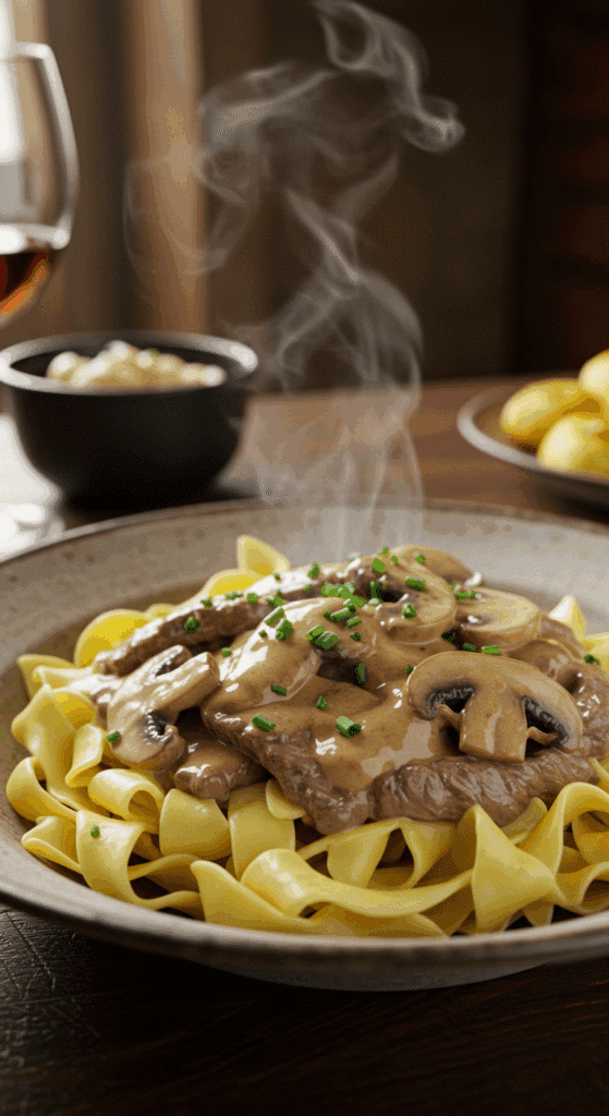 A beautiful, rustic bowl of classic, slow-cooked Beef Stroganoff with tender beef and a creamy sauce over egg noodles.