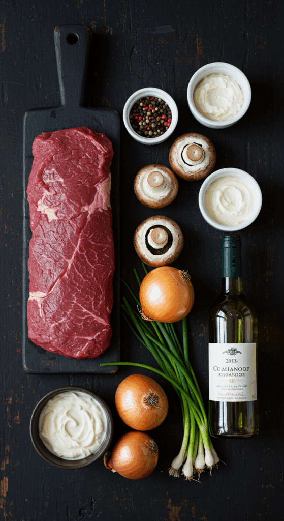 The rustic, classic ingredients for a slow-cooked Beef Stroganoff, including a beef chuck roast and crème fraîche.