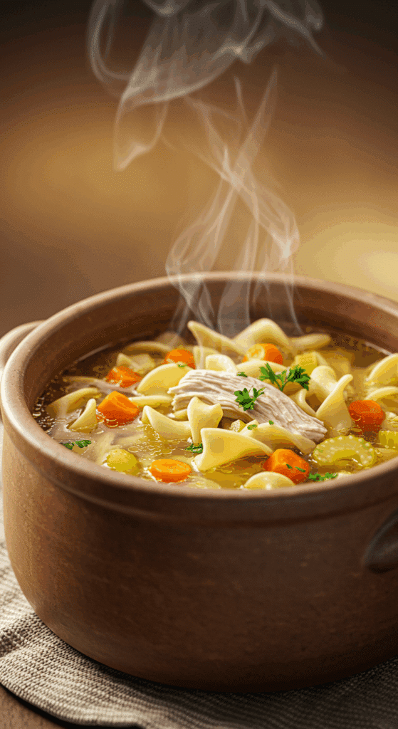 A warm, comforting bowl of classic Homemade Chicken Noodle Soup with vegetables, chicken, and noodles.