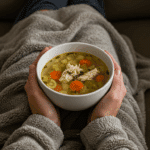 A person wrapped in a blanket, finding comfort in a warm bowl of Homemade Chicken Noodle Soup.