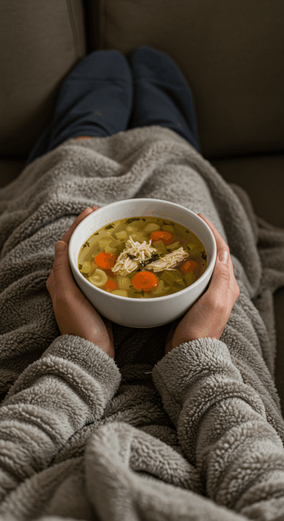 A person wrapped in a blanket, finding comfort in a warm bowl of Homemade Chicken Noodle Soup.