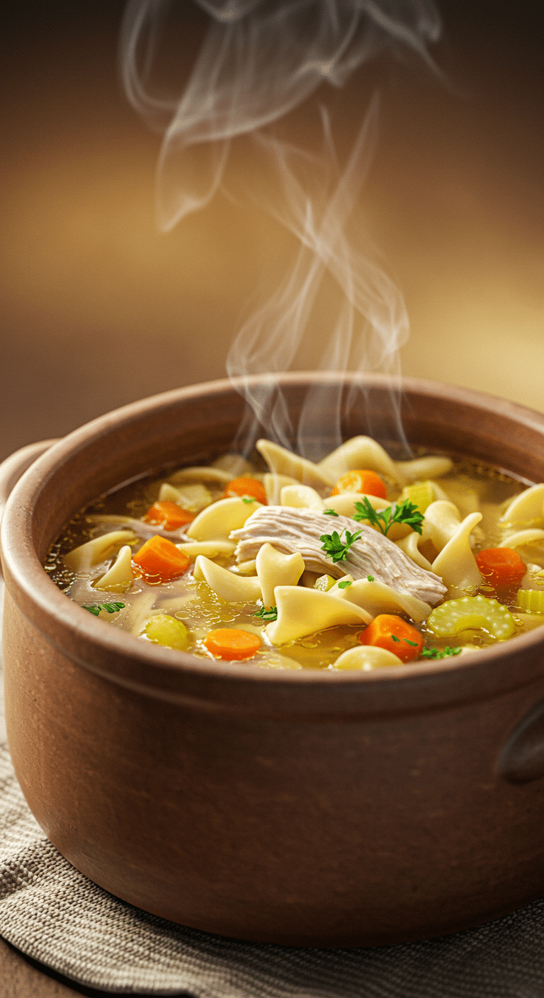 A warm, comforting bowl of classic Homemade Chicken Noodle Soup with vegetables, chicken, and noodles.