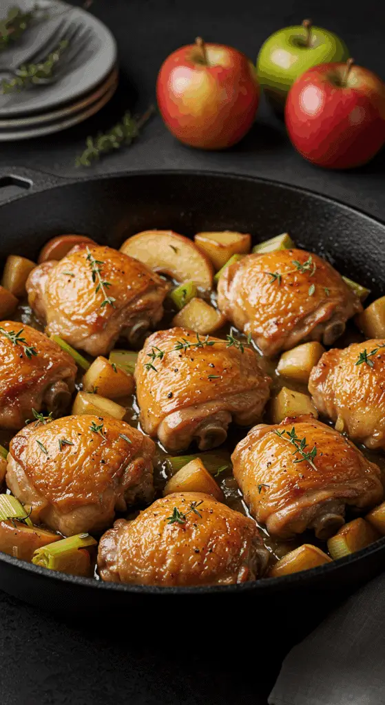 A beautiful, rustic cast-iron skillet of homemade, golden-brown Braised Chicken Thighs with Apples in a glossy pan sauce.