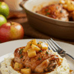 A beautiful plate of homemade Braised Chicken with Apples and sauce, served over a bed of creamy mashed potatoes.