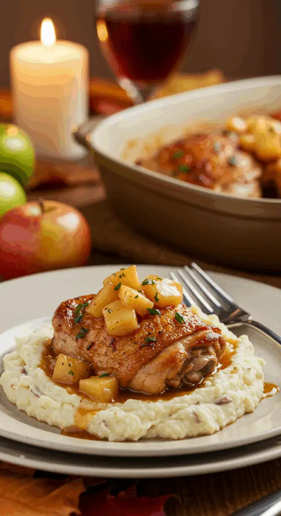 A beautiful plate of homemade Braised Chicken with Apples and sauce, served over a bed of creamy mashed potatoes.
