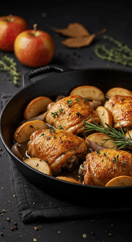 A beautiful, rustic cast-iron skillet of homemade, golden-brown Skillet Chicken with Apples in a glossy cider sauce.
