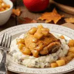 A beautiful plate of homemade Skillet Chicken with Apples and sauce, served over a bed of creamy mashed potatoes.