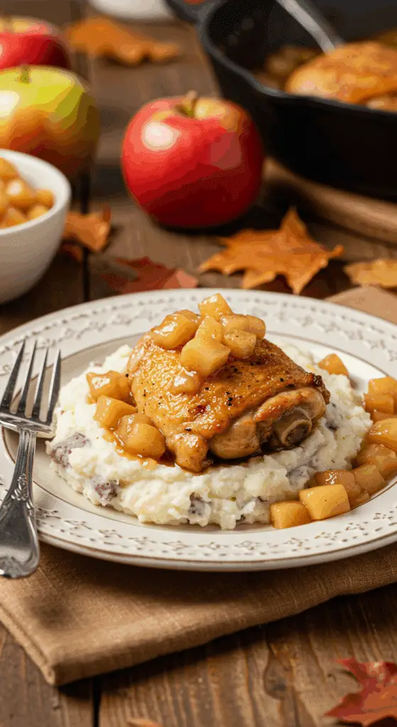 A beautiful plate of homemade Skillet Chicken with Apples and sauce, served over a bed of creamy mashed potatoes.
