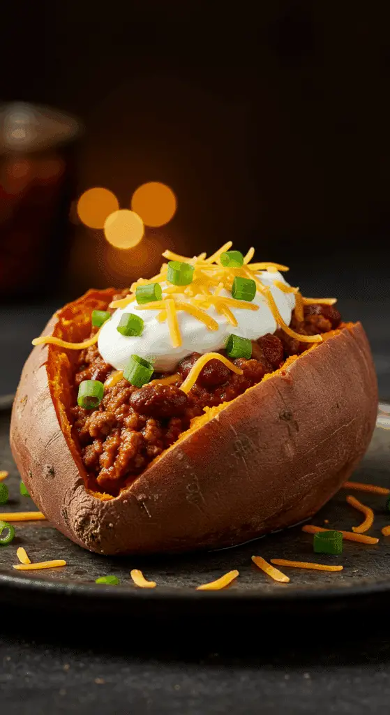 A beautiful, homemade Chili Cheese Stuffed Sweet Potato, overflowing with chili and topped with sour cream and cheese.