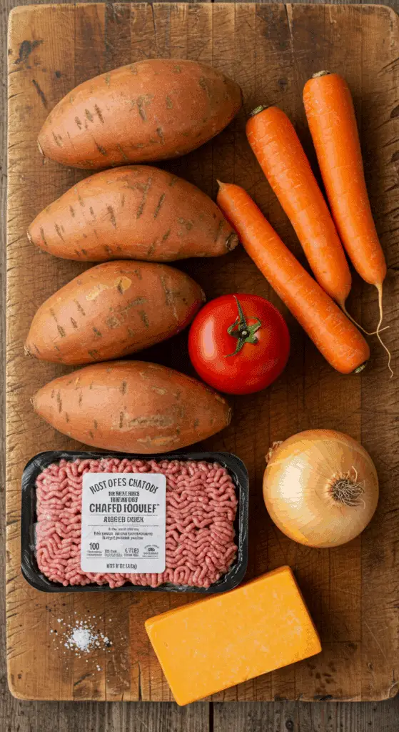 The fresh, wholesome ingredients for the hearty, from-scratch Chili Stuffed Sweet Potatoes recipe.