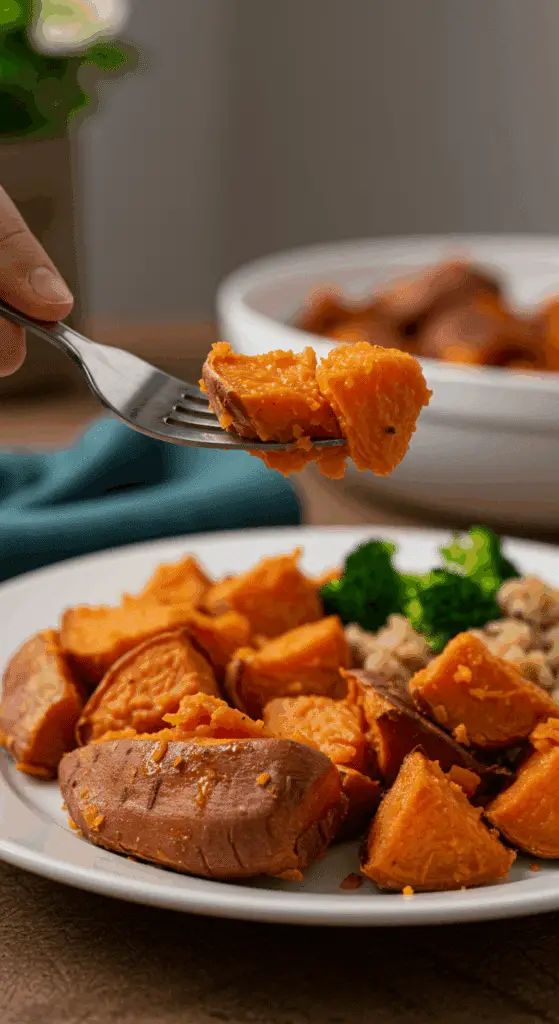 Two beautiful, homemade Chili Stuffed Sweet Potatoes on a dinner plate, being served for a family dinner.