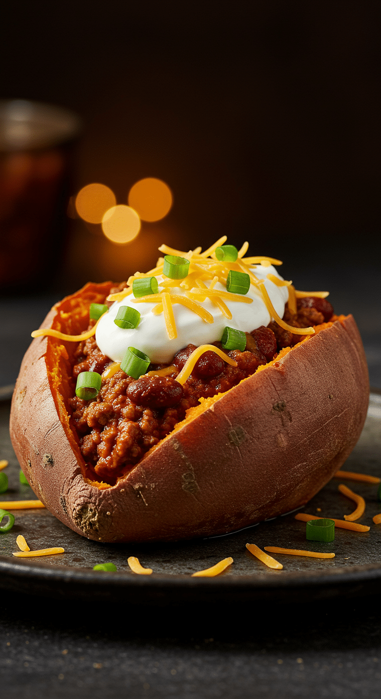 A beautiful, homemade Chili Cheese Stuffed Sweet Potato, overflowing with chili and topped with sour cream and cheese.