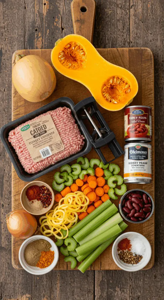 The fresh, wholesome ingredients for the hearty, from-scratch Turkey Chili with Butternut Squash Noodles.