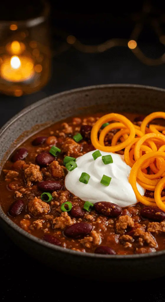 A beautiful, rustic bowl of hearty, homemade Turkey Chili, with visible butternut squash noodles and a dollop of sour cream.