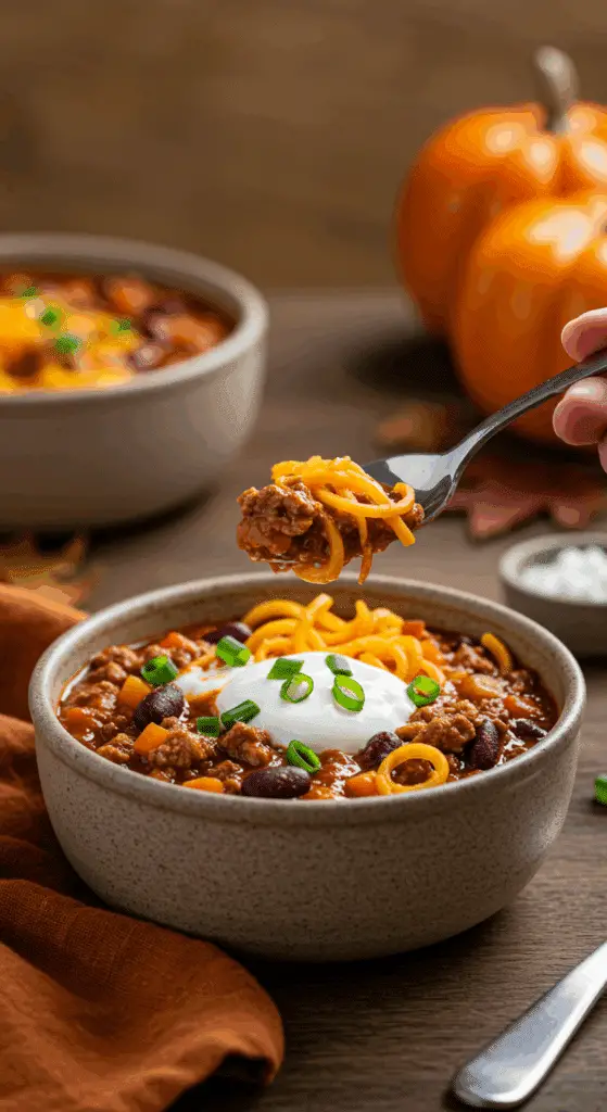 A cozy bowl of homemade Turkey Chili with Butternut Squash Noodles, topped with sour cream, being served for a family dinner.