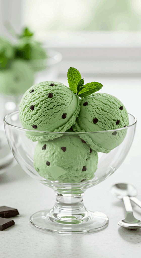 Two beautiful scoops of creamy, pastel green, homemade Healthy Mint Chocolate Chip Ice Cream in a stylish bowl.